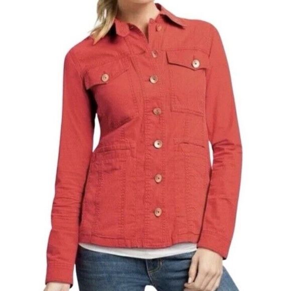 CAbi Taylor Utility Jacket Medium Ruffle Back "Vintage Lobster" Red Orange Coral - Picture 1 of 6